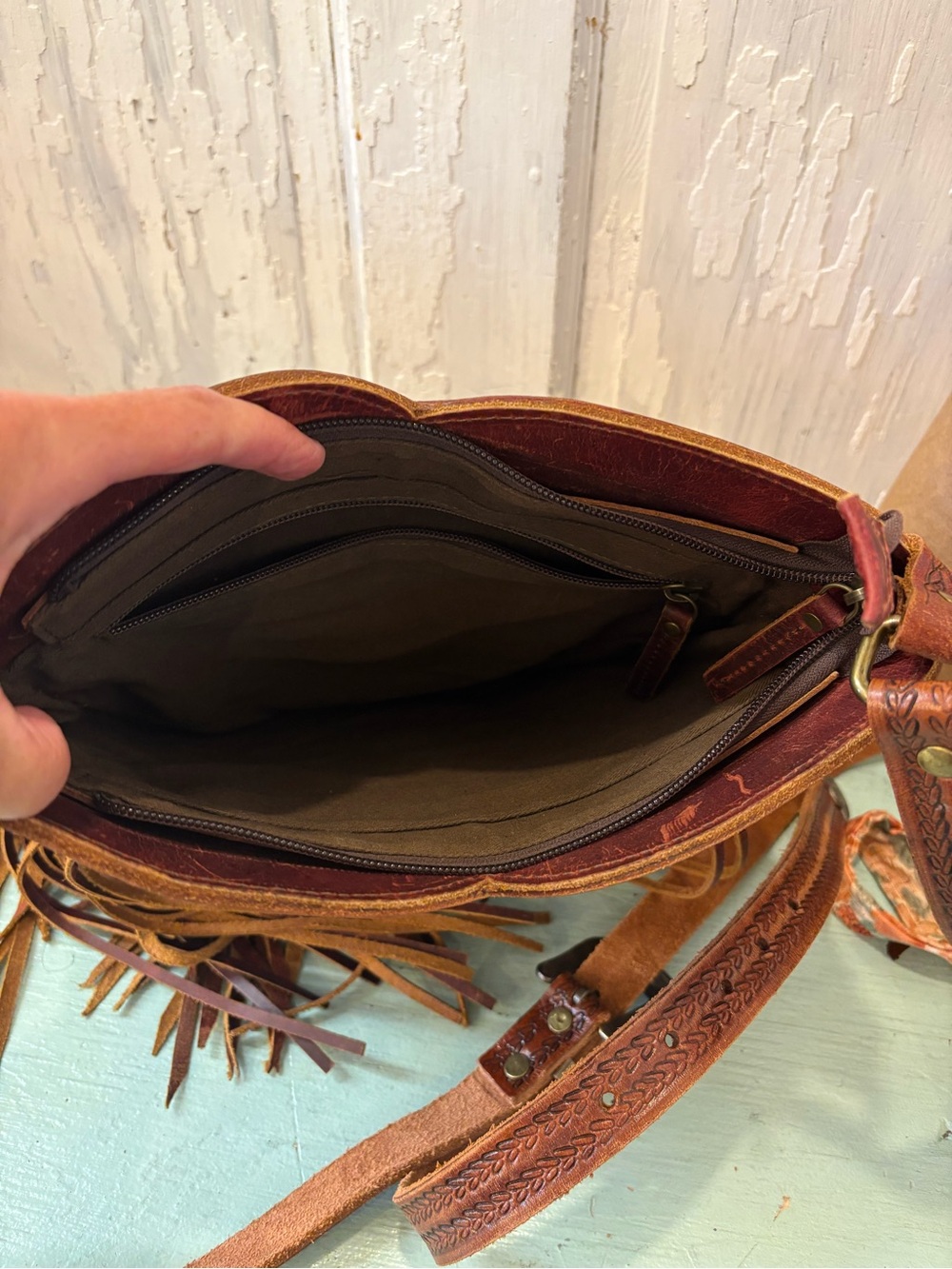 Brown Leather Fringe Crossbody Bag with Turquoise Accent - Picture 6 of 6